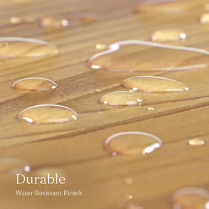 
                      
                        Wooden surface with water droplets and text 'Durable Water Resistant Finish' on a light background
                      
                    