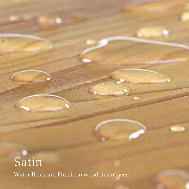 Wooden surface with water droplets and text 'Durable Water Resistant Finish' on a light background