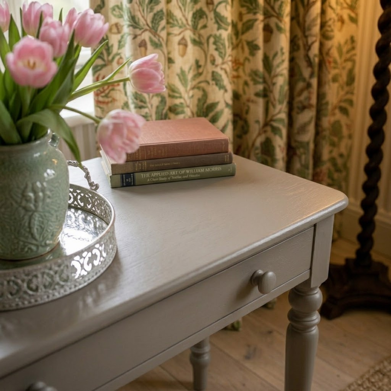 A light gray painted wooden side table in a cozy room setting, styled with a green ceramic vase of pink tulips on a silver tray and a stack of three vintage books.