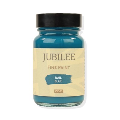 Jubilee Fine Paint jar labeled 'Rail Blue' on a white background