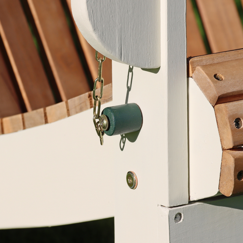 Close-up of a wooden swing with metal chains and hardware.