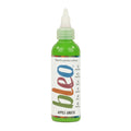 A bottle containing coloured gel paint, on a white background of bleo apple green