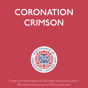 
                      
                        A red background with the text 'CORONATION CRIMSON' in capital letters. Below the text, there is a circular emblem with floral patterns and the words 'King Charles III Coronation June 4th 2023'.
                      
                    