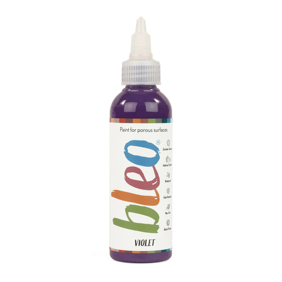 A bottle containing coloured gel paint, on a white background of bleo violet