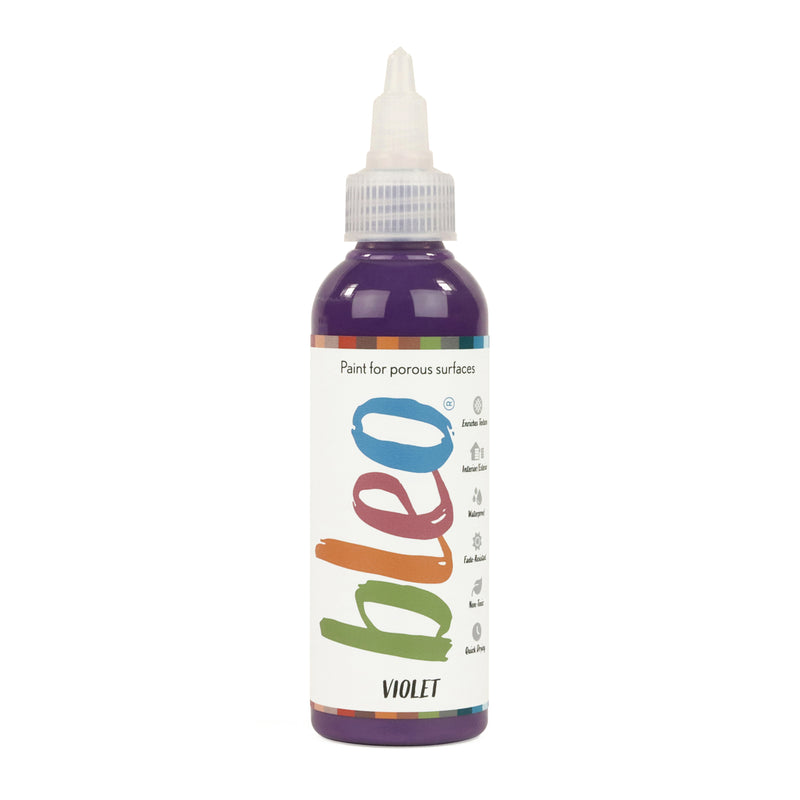 A bottle containing coloured gel paint, on a white background of bleo violet