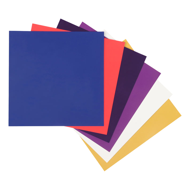 A set of color sample swatch cards in various colors including purple, red, blue, black, and yellow.