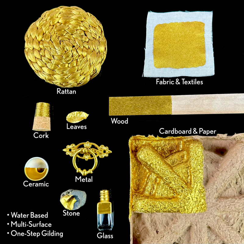 Different applications of Super GILD Metallic paint, canvas, wood, card, metal, ceramic, stone, glass, leaves, cork, rattan.