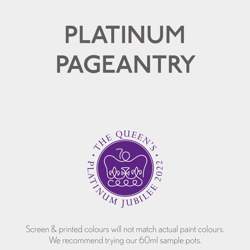 An image featuring the text 'PLATINUM PAGEANTRY' with a grey and purple colour scheme, referencing the Queen's Platinum Jubilee. It includes a circular emblem with floral elements and the jubilee date.