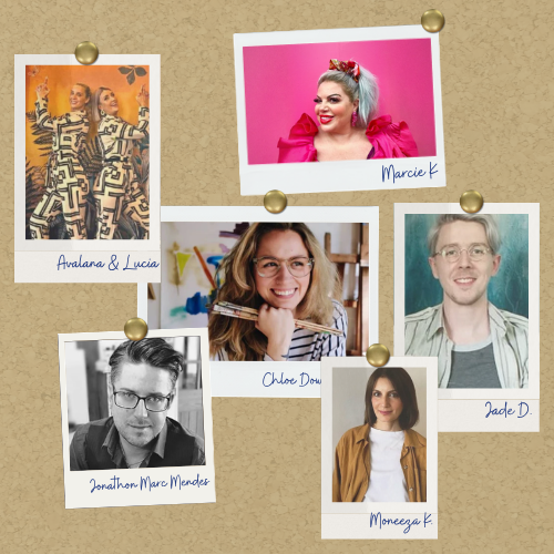 A collage of six styled Polaroid-style photos pinned to a tan corkboard background, featuring portraits of people and fashion-related scenes. Visible handwritten names.
