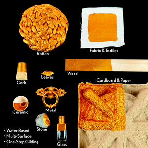 
                      
                        Different applications of Super GILD Metallic paint, canvas, wood, card, metal, ceramic, stone, glass, leaves, cork, rattan.
                      
                    
