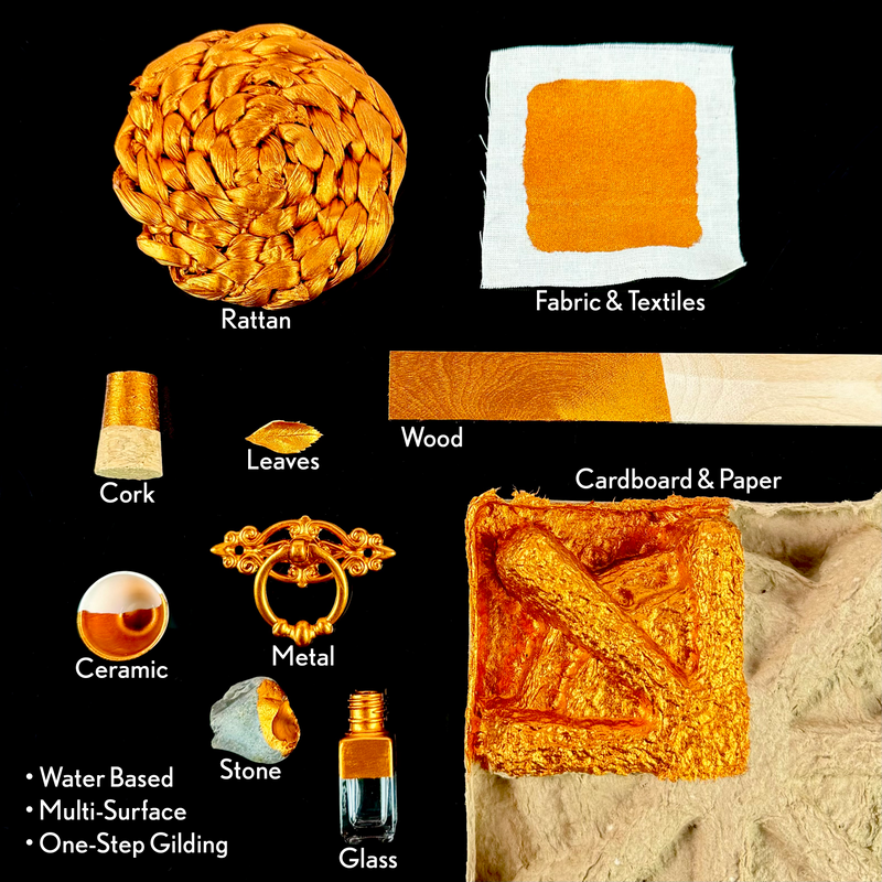 Different applications of Super GILD Metallic paint, canvas, wood, card, metal, ceramic, stone, glass, leaves, cork, rattan.
