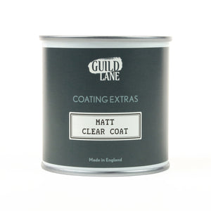 
                      
                        A jar of 'Guild Lane Coating Extras' Matt Clear Coat, indicating it's a matte finish coating.
                      
                    