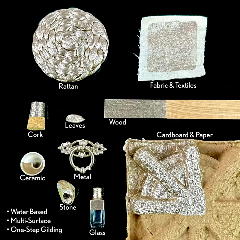 Different applications of Super GILD Metallic paint, canvas, wood, card, metal, ceramic, stone, glass, leaves, cork, rattan.