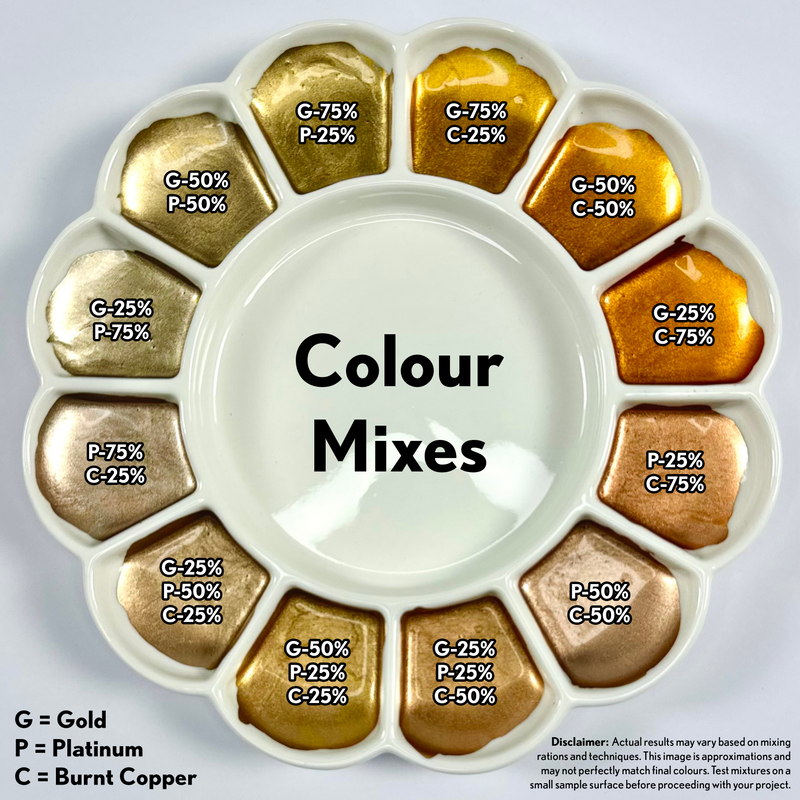 Palette of mixed colours of gold paint using the Super GILD trio set
