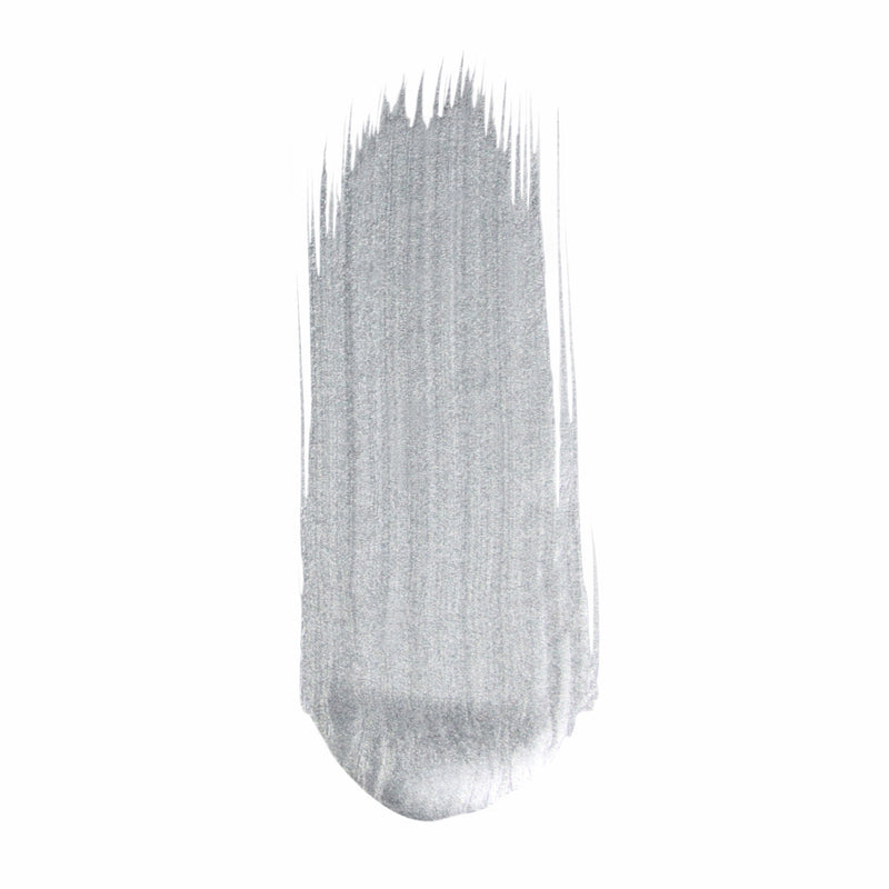 Swatch of silver metallic paint on a white background
