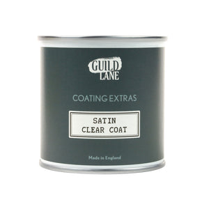 
                      
                        A jar of Guild Lane Satin Clear Coat, a coating extras product, with the label indicating it is made in England.
                      
                    