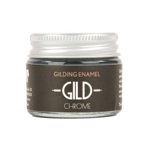 A jar of Chrome Gilding Enamel paint with a label that reads 'GILD CHROME'.