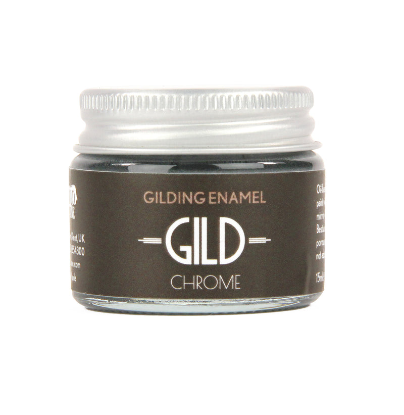 A jar of Chrome Gilding Enamel paint with a label that reads 'GILD CHROME'.